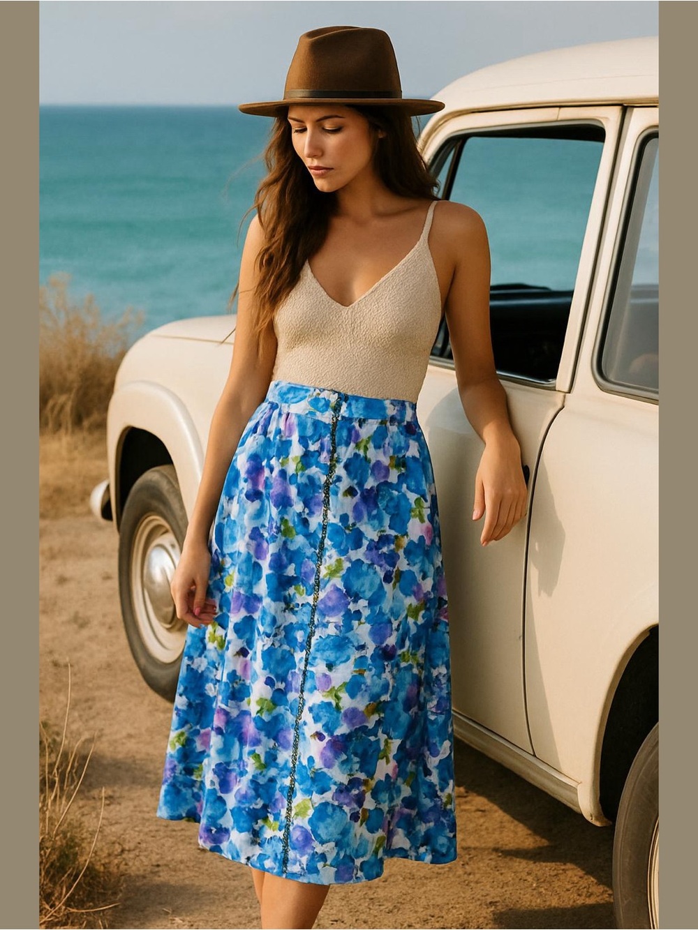 Vintage Worthington Floral Blue Midi Skirt Size 14 Vacay Boho Summer Cottagecore